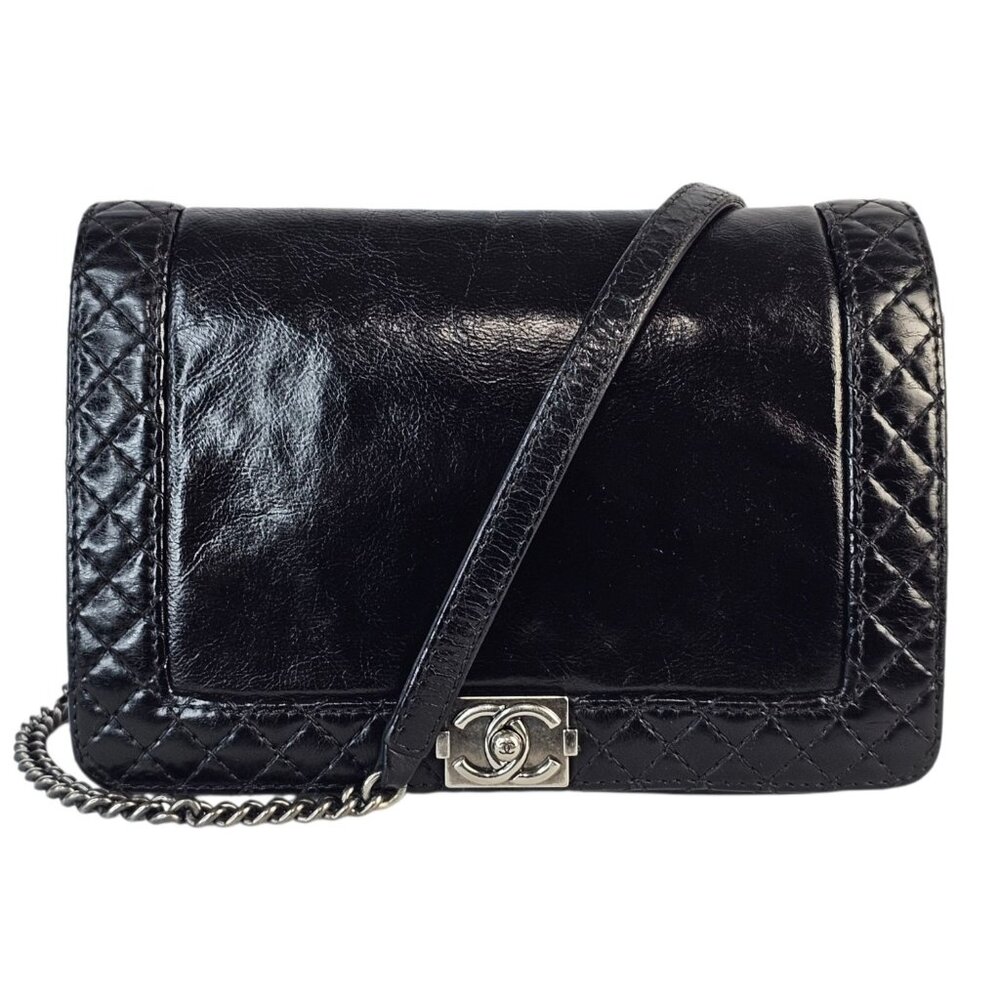 CHANEL Reverso Boy Bag Black Leather Chain Shoulder Silver 2014 CC Crossbody